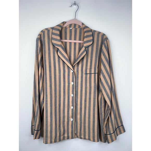 Piglet In Bed Linen Blend Striped Pajamas Set Brown Blue Stripes Classic Size XL - Picture 1 of 16